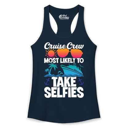 Cruise Crew Shirt - Funny Group Cruise Apparel for Vacation Selfies (Ladies Tank) in Solid Midnight Navy - Cruise Crew Most Likely To Take Selfies Tropical Group Shirt