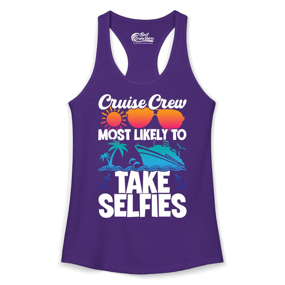 Cruise Crew Shirt - Funny Group Cruise Apparel for Vacation Selfies (Ladies Tank) in Solid Purple Rush - Cruise Crew Most Likely To Take Selfies Tropical Group Shirt