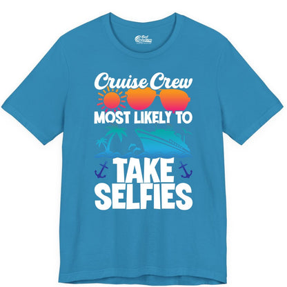 Cruise Crew Shirt - Funny Group Cruise Apparel for Vacation Selfies (Premium Tee) in Aqua - Cruise Crew Most Likely To Take Selfies Tropical Group Shirt