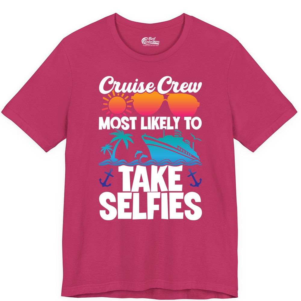 Cruise Crew Shirt - Funny Group Cruise Apparel for Vacation Selfies (Premium Tee) in Berry - Cruise Crew Most Likely To Take Selfies Tropical Group Shirt