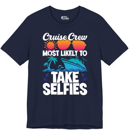 Cruise Crew Shirt - Funny Group Cruise Apparel for Vacation Selfies (Premium Tee) in Navy - Cruise Crew Most Likely To Take Selfies Tropical Group Shirt