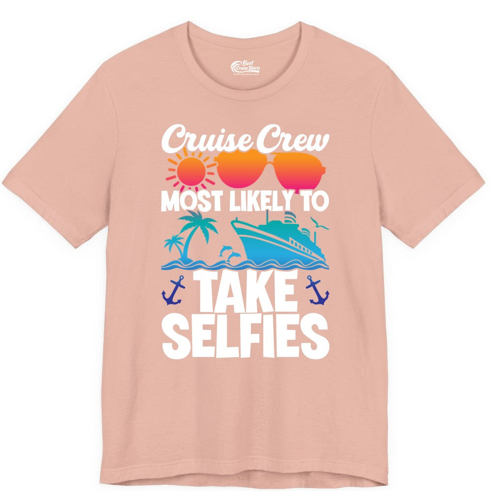 Cruise Crew Shirt - Funny Group Cruise Apparel for Vacation Selfies (Premium Tee) in Peach - Cruise Crew Most Likely To Take Selfies Tropical Group Shirt