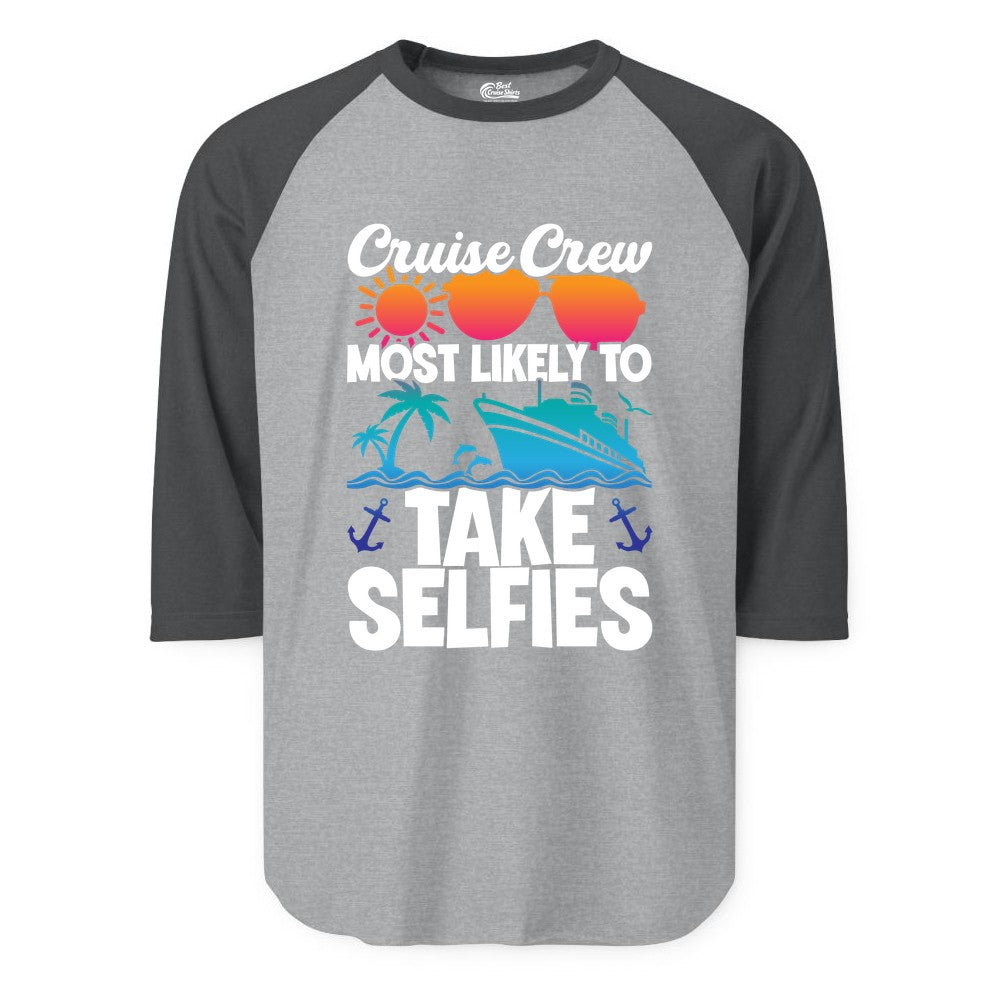 Cruise Crew Shirt - Funny Group Cruise Apparel for Vacation Selfies (Raglan) in Heather GreyHeather Charcoal - Cruise Crew Most Likely To Take Selfies Tropical Group Shirt