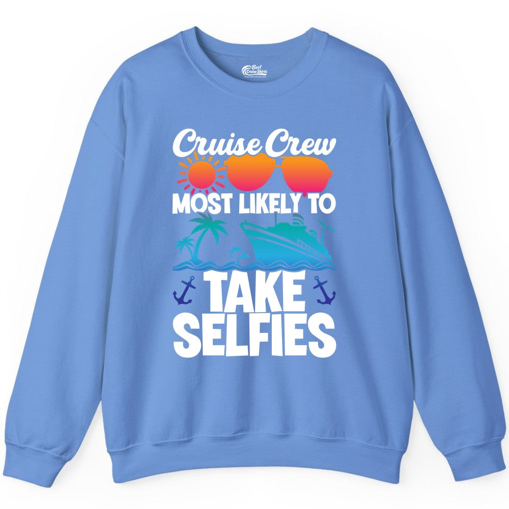 Cruise Crew Shirt - Funny Group Cruise Apparel for Vacation Selfies (Sweatshirt) in Carolina Blue - Cruise Crew Most Likely To Take Selfies Tropical Group Shirt