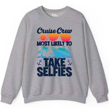 Cruise Crew Shirt - Funny Group Cruise Apparel for Vacation Selfies (Sweatshirt) in Sport Grey - Cruise Crew Most Likely To Take Selfies Tropical Group Shirt