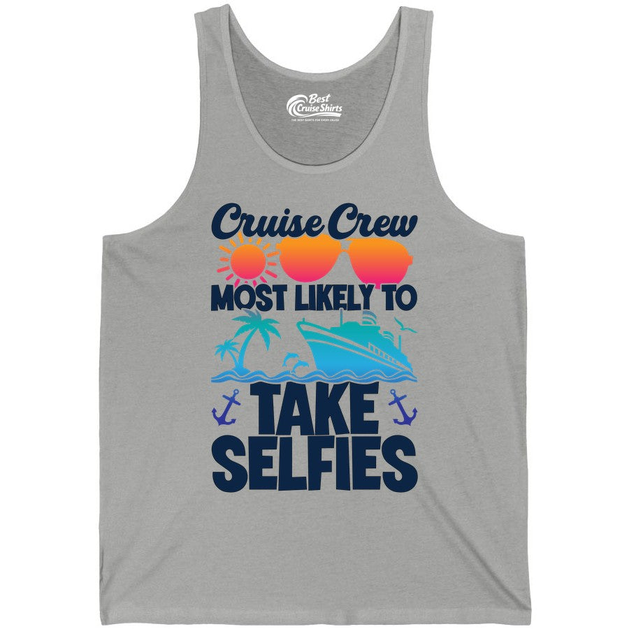 Cruise Crew Shirt - Funny Group Cruise Apparel for Vacation Selfies (Tank Top) in Athletic Heather - Cruise Crew Most Likely To Take Selfies Tropical Group Shirt