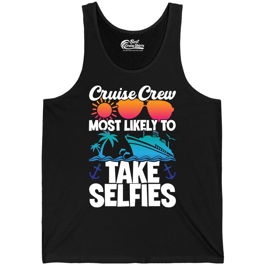 Cruise Crew Shirt - Funny Group Cruise Apparel for Vacation Selfies (Tank Top) in Black - Cruise Crew Most Likely To Take Selfies Tropical Group Shirt