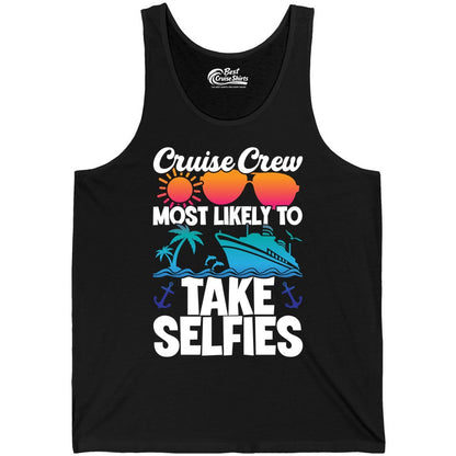 Cruise Crew Shirt - Funny Group Cruise Apparel for Vacation Selfies (Tank Top) in Black - Cruise Crew Most Likely To Take Selfies Tropical Group Shirt