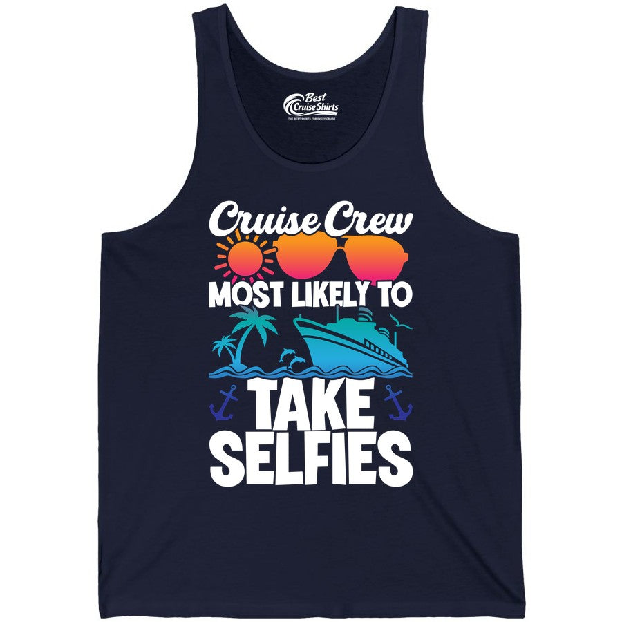 Cruise Crew Shirt - Funny Group Cruise Apparel for Vacation Selfies (Tank Top) in Navy - Cruise Crew Most Likely To Take Selfies Tropical Group Shirt