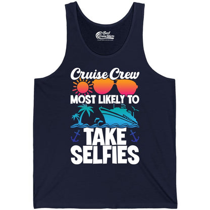 Cruise Crew Shirt - Funny Group Cruise Apparel for Vacation Selfies (Tank Top) in Navy - Cruise Crew Most Likely To Take Selfies Tropical Group Shirt