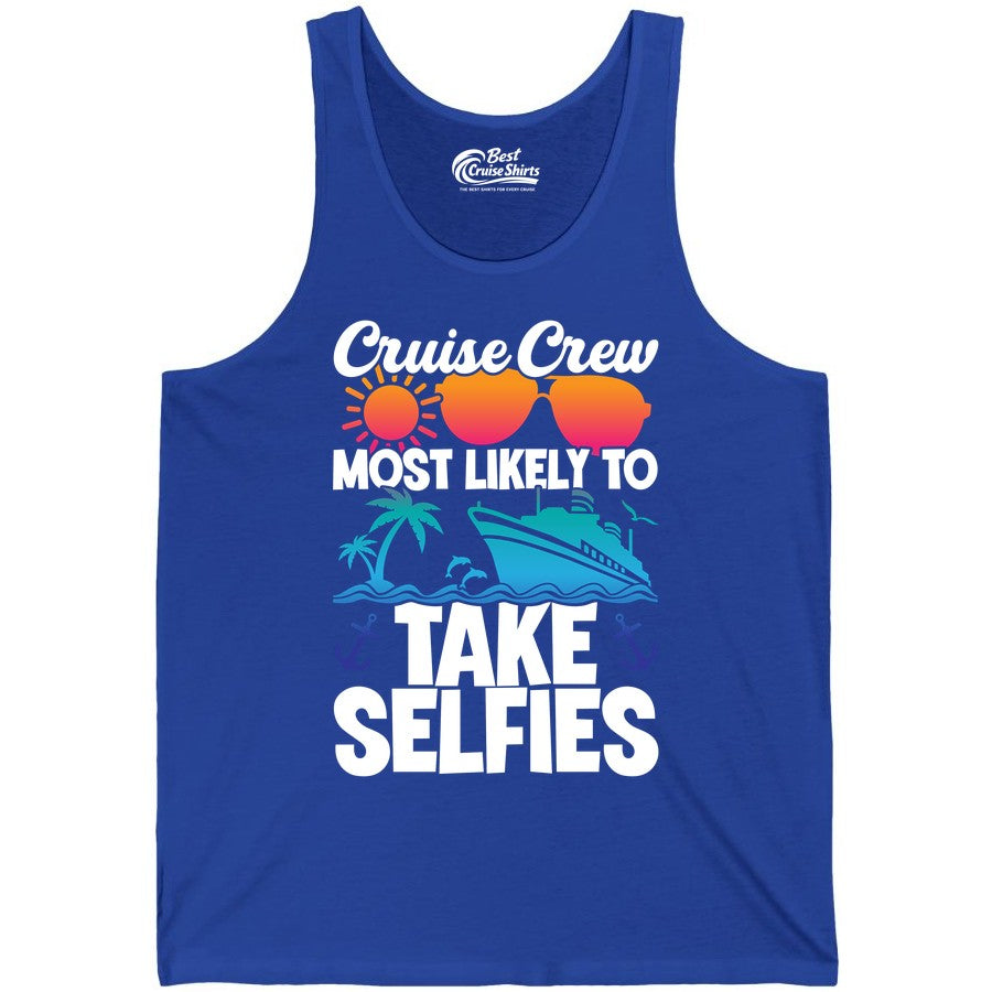 Cruise Crew Shirt - Funny Group Cruise Apparel for Vacation Selfies (Tank Top) in True Royal - Cruise Crew Most Likely To Take Selfies Tropical Group Shirt