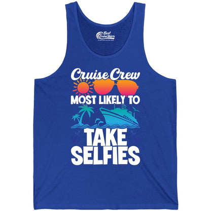Cruise Crew Shirt - Funny Group Cruise Apparel for Vacation Selfies (Tank Top) in True Royal - Cruise Crew Most Likely To Take Selfies Tropical Group Shirt