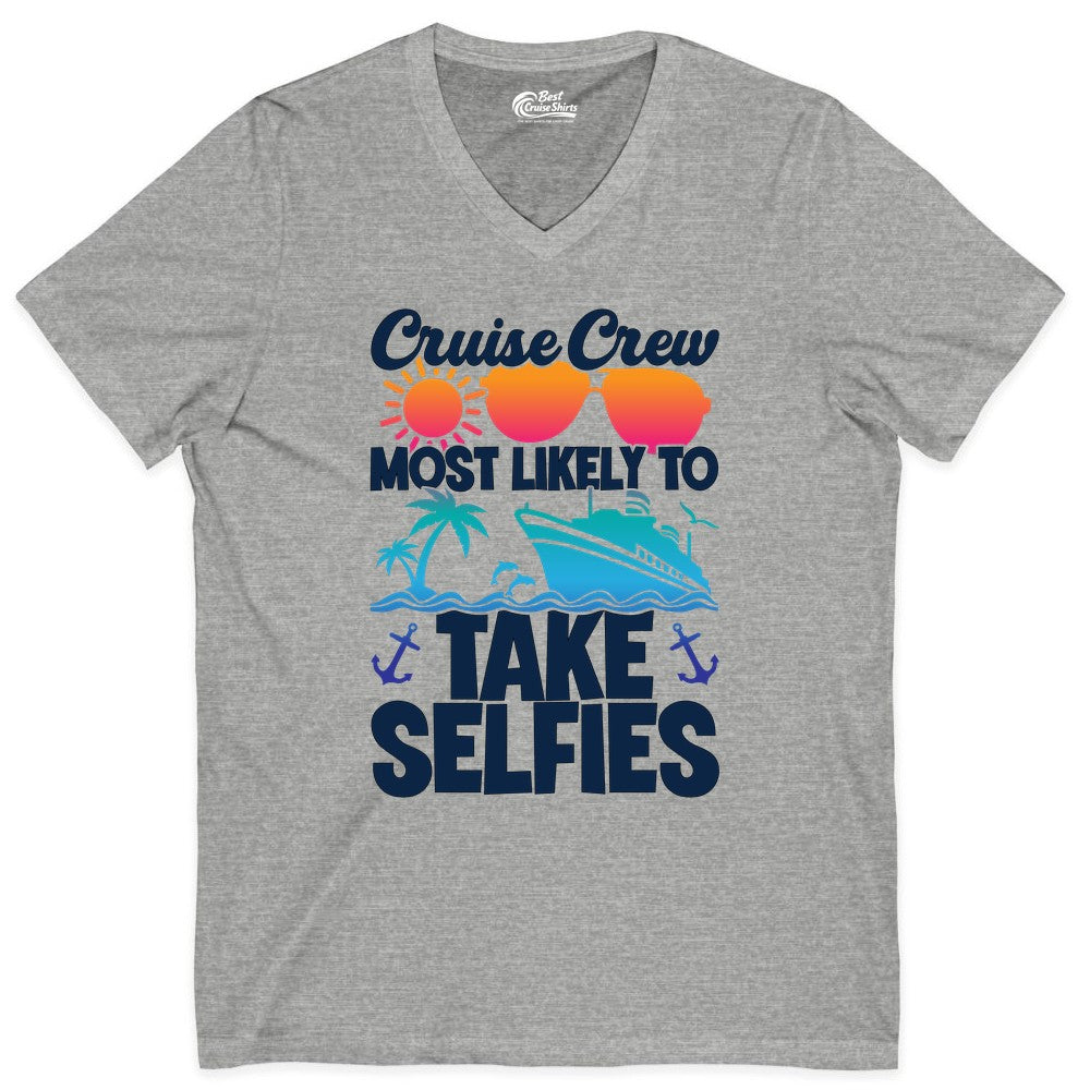 Cruise Crew Shirt - Funny Group Cruise Apparel for Vacation Selfies (V-Neck) in Athletic Heather - Cruise Crew Most Likely To Take Selfies Tropical Group Shirt
