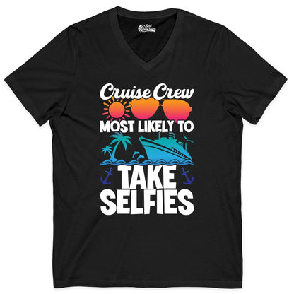 Cruise Crew Shirt - Funny Group Cruise Apparel for Vacation Selfies (V-Neck) in Black - Cruise Crew Most Likely To Take Selfies Tropical Group Shirt