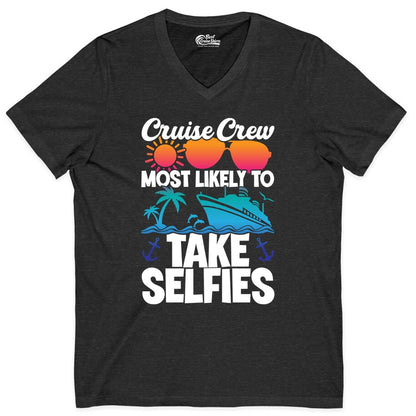 Cruise Crew Shirt - Funny Group Cruise Apparel for Vacation Selfies (V-Neck) in Dark Grey Heather - Cruise Crew Most Likely To Take Selfies Tropical Group Shirt