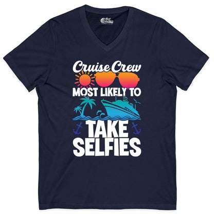Cruise Crew Shirt - Funny Group Cruise Apparel for Vacation Selfies (V-Neck) in Navy - Cruise Crew Most Likely To Take Selfies Tropical Group Shirt