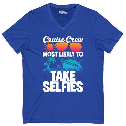 Cruise Crew Shirt - Funny Group Cruise Apparel for Vacation Selfies (V-Neck) in True Royal - Cruise Crew Most Likely To Take Selfies Tropical Group Shirt