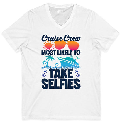 Cruise Crew Shirt - Funny Group Cruise Apparel for Vacation Selfies (V-Neck) in White - Cruise Crew Most Likely To Take Selfies Tropical Group Shirt