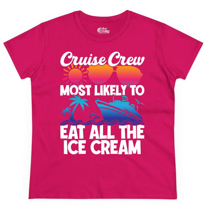 Cruise Crew Shirt - Funny Vacation Group Tee for Ice Cream Lovers (Ladies Tee) in Heliconia - Cruise Crew Shirt - Most Likely To Eat All The Ice Cream Tropical Tee