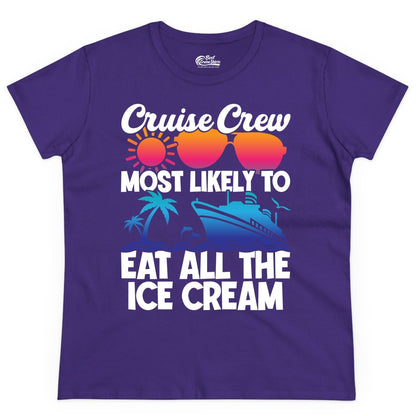 Cruise Crew Shirt - Funny Vacation Group Tee for Ice Cream Lovers (Ladies Tee) in Purple - Cruise Crew Shirt - Most Likely To Eat All The Ice Cream Tropical Tee