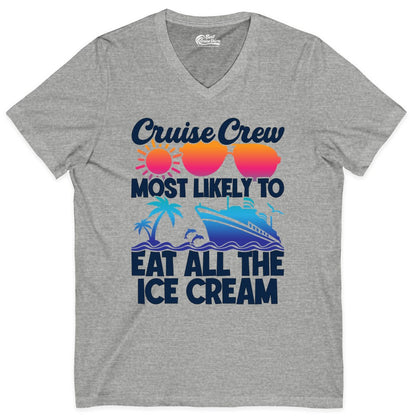 Cruise Crew Shirt - Funny Vacation Group Tee for Ice Cream Lovers (V-Neck) in Athletic Heather - Cruise Crew Shirt - Most Likely To Eat All The Ice Cream Tropical Tee