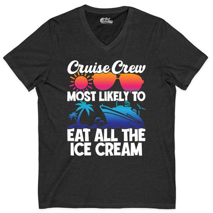 Cruise Crew Shirt - Funny Vacation Group Tee for Ice Cream Lovers (V-Neck) in Dark Grey Heather - Cruise Crew Shirt - Most Likely To Eat All The Ice Cream Tropical Tee