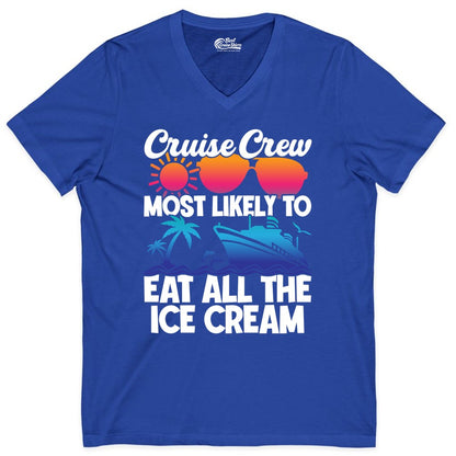Cruise Crew Shirt - Funny Vacation Group Tee for Ice Cream Lovers (V-Neck) in True Royal - Cruise Crew Shirt - Most Likely To Eat All The Ice Cream Tropical Tee
