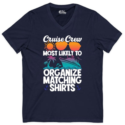 Cruise Crew Shirt - Funny Matching Cruise Shirts for Groups (V-Neck) in Navy - Cruise Crew Most Likely To Organize Matching Shirts Retro Tee