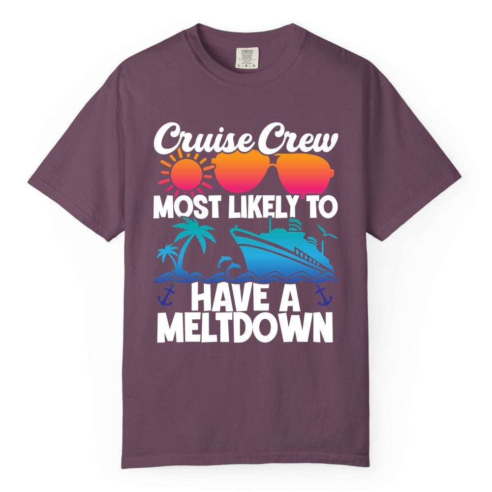 Cruise Crew Shirt - Funny Cruise Meltdown Apparel for Vacations (Comfort Color) in Berry - Cruise Crew Meltdown Shirt - Funny Tropical Sunset Ship Design