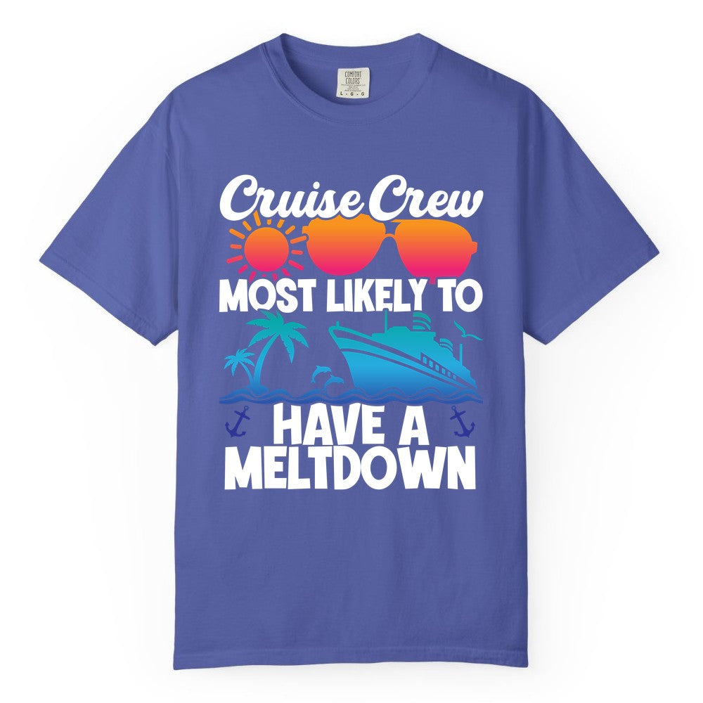 Cruise Crew Shirt - Funny Cruise Meltdown Apparel for Vacations (Comfort Color) in Periwinkle - Cruise Crew Meltdown Shirt - Funny Tropical Sunset Ship Design
