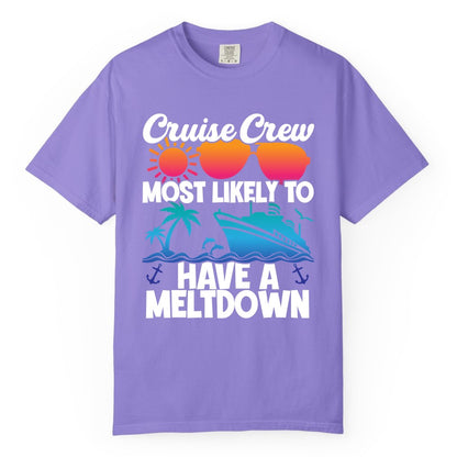 Cruise Crew Shirt - Funny Cruise Meltdown Apparel for Vacations (Comfort Color) in Violet - Cruise Crew Meltdown Shirt - Funny Tropical Sunset Ship Design