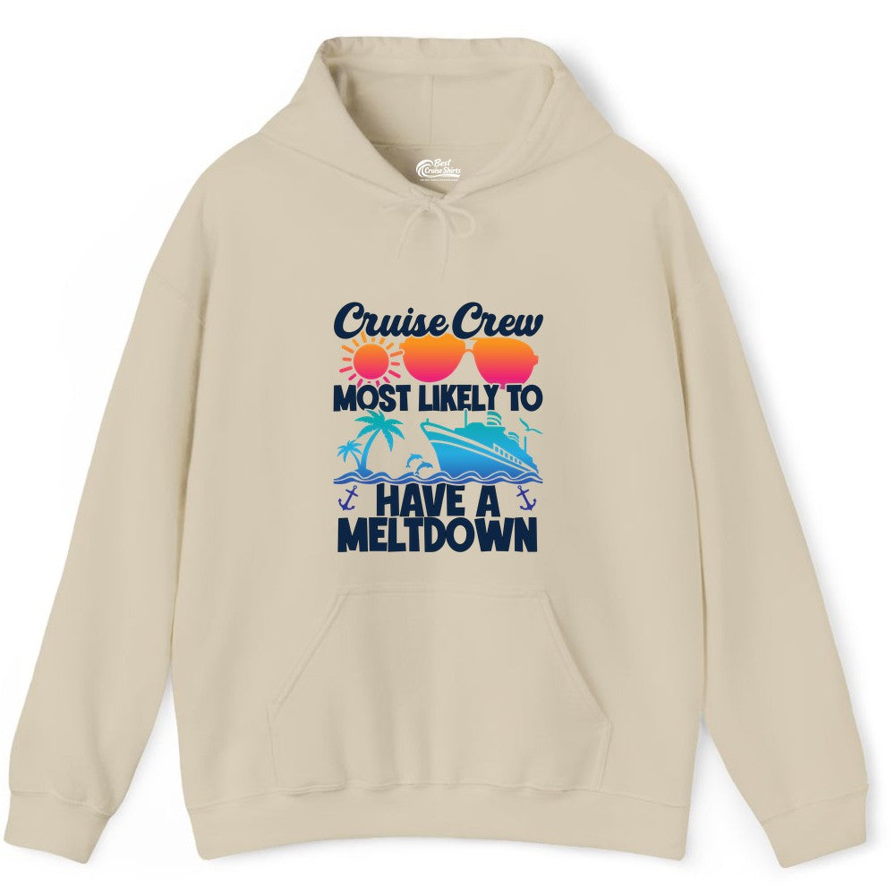 Cruise Crew Shirt - Funny Cruise Meltdown Apparel for Vacations (Hoodie) in Sand - Cruise Crew Meltdown Shirt - Funny Tropical Sunset Ship Design
