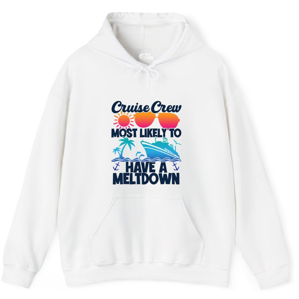 Cruise Crew Shirt - Funny Cruise Meltdown Apparel for Vacations (Hoodie) in White - Cruise Crew Meltdown Shirt - Funny Tropical Sunset Ship Design
