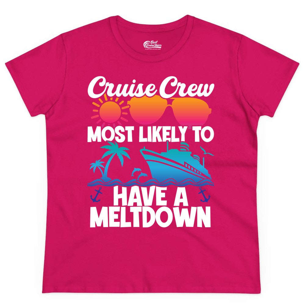 Cruise Crew Shirt - Funny Cruise Meltdown Apparel for Vacations (Ladies Tee) in Heliconia - Cruise Crew Meltdown Shirt - Funny Tropical Sunset Ship Design