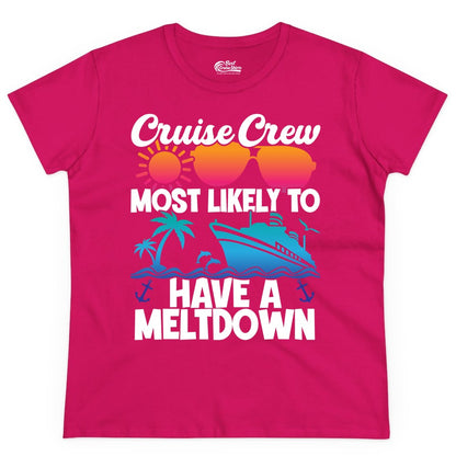 Cruise Crew Shirt - Funny Cruise Meltdown Apparel for Vacations (Ladies Tee) in Heliconia - Cruise Crew Meltdown Shirt - Funny Tropical Sunset Ship Design