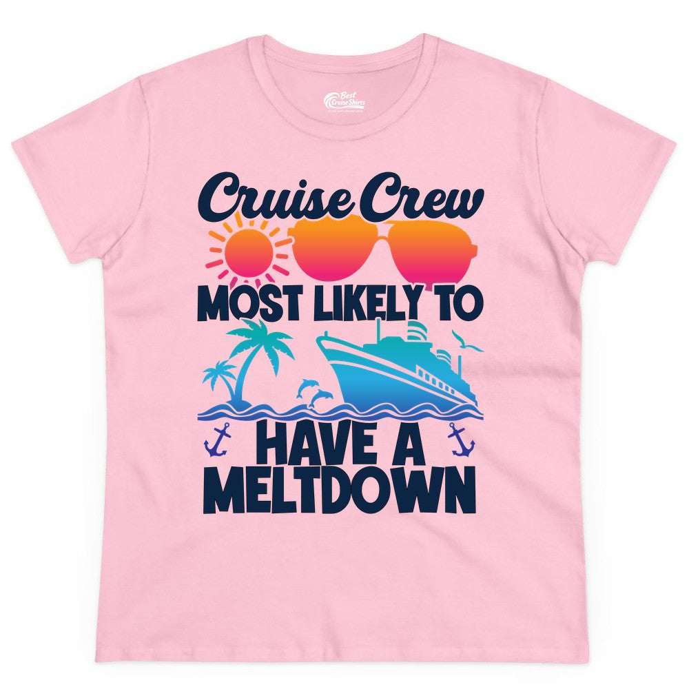 Cruise Crew Shirt - Funny Cruise Meltdown Apparel for Vacations (Ladies Tee) in Light Pink - Cruise Crew Meltdown Shirt - Funny Tropical Sunset Ship Design