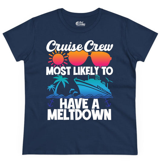 Cruise Crew Shirt - Funny Cruise Meltdown Apparel for Vacations (Ladies Tee) in Navy - Cruise Crew Meltdown Shirt - Funny Tropical Sunset Ship Design