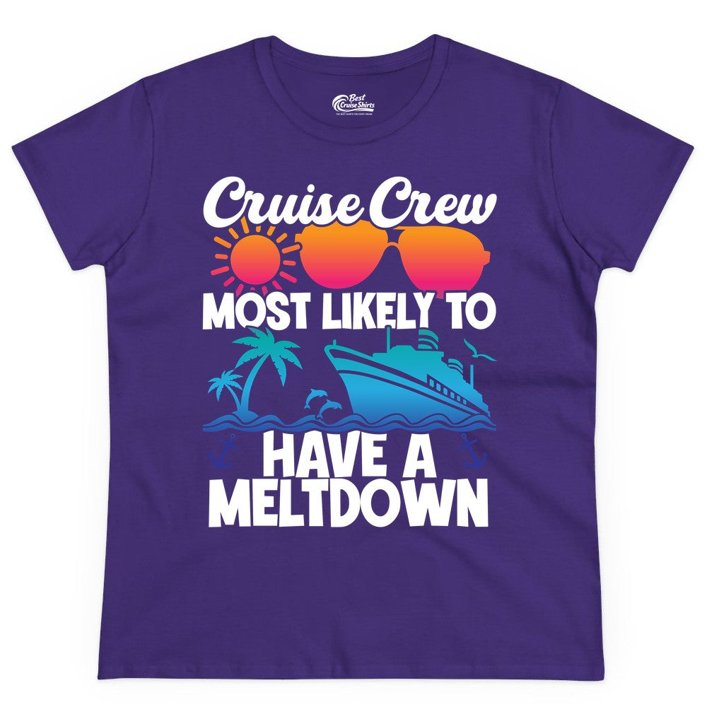 Cruise Crew Shirt - Funny Cruise Meltdown Apparel for Vacations (Ladies Tee) in Purple - Cruise Crew Meltdown Shirt - Funny Tropical Sunset Ship Design