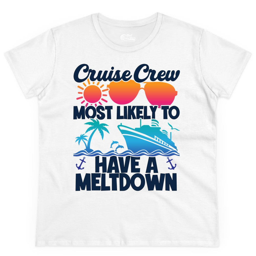 Cruise Crew Shirt - Funny Cruise Meltdown Apparel for Vacations (Ladies Tee) in White - Cruise Crew Meltdown Shirt - Funny Tropical Sunset Ship Design
