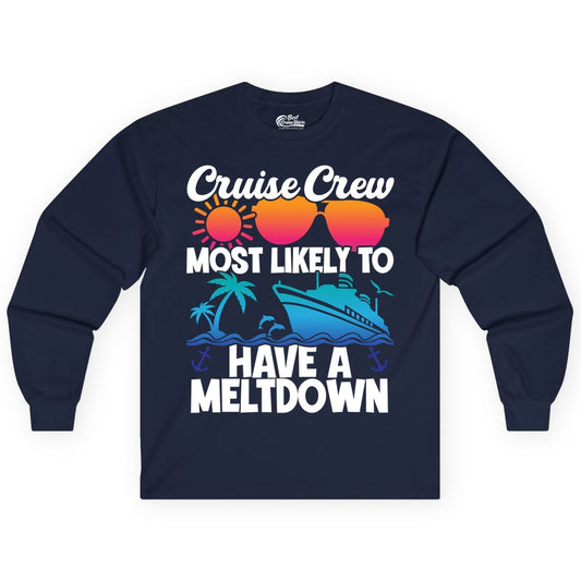 Cruise Crew Shirt - Funny Cruise Meltdown Apparel for Vacations (Long Sleeve) in Navy - Cruise Crew Meltdown Shirt - Funny Tropical Sunset Ship Design