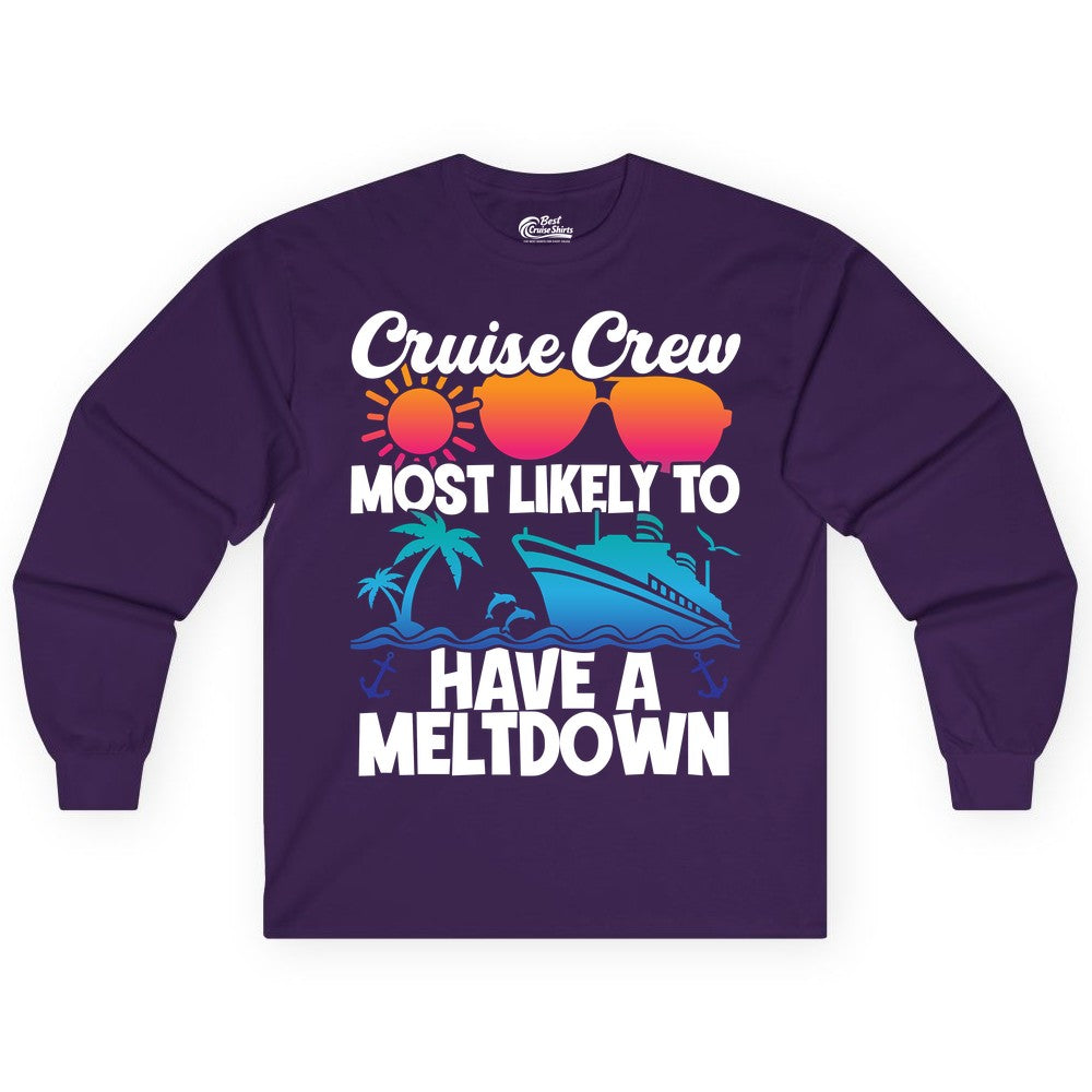 Cruise Crew Shirt - Funny Cruise Meltdown Apparel for Vacations (Long Sleeve) in Purple - Cruise Crew Meltdown Shirt - Funny Tropical Sunset Ship Design