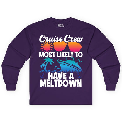 Cruise Crew Shirt - Funny Cruise Meltdown Apparel for Vacations (Long Sleeve) in Purple - Cruise Crew Meltdown Shirt - Funny Tropical Sunset Ship Design