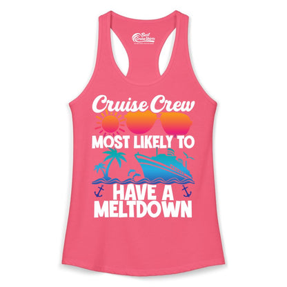 Cruise Crew Shirt - Funny Cruise Meltdown Apparel for Vacations (Ladies Tank) in Hot Pink - Cruise Crew Meltdown Shirt - Funny Tropical Sunset Ship Design