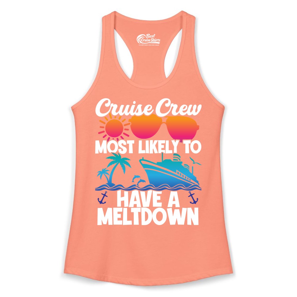 Cruise Crew Shirt - Funny Cruise Meltdown Apparel for Vacations (Ladies Tank) in Solid Light Orange - Cruise Crew Meltdown Shirt - Funny Tropical Sunset Ship Design