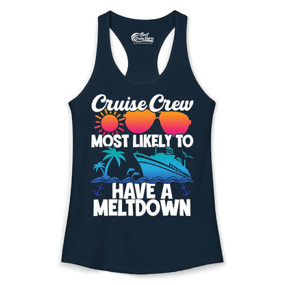 Cruise Crew Shirt - Funny Cruise Meltdown Apparel for Vacations (Ladies Tank) in Solid Midnight Navy - Cruise Crew Meltdown Shirt - Funny Tropical Sunset Ship Design