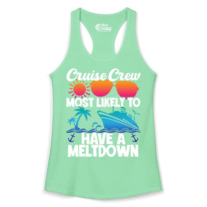 Cruise Crew Shirt - Funny Cruise Meltdown Apparel for Vacations (Ladies Tank) in Solid Mint - Cruise Crew Meltdown Shirt - Funny Tropical Sunset Ship Design