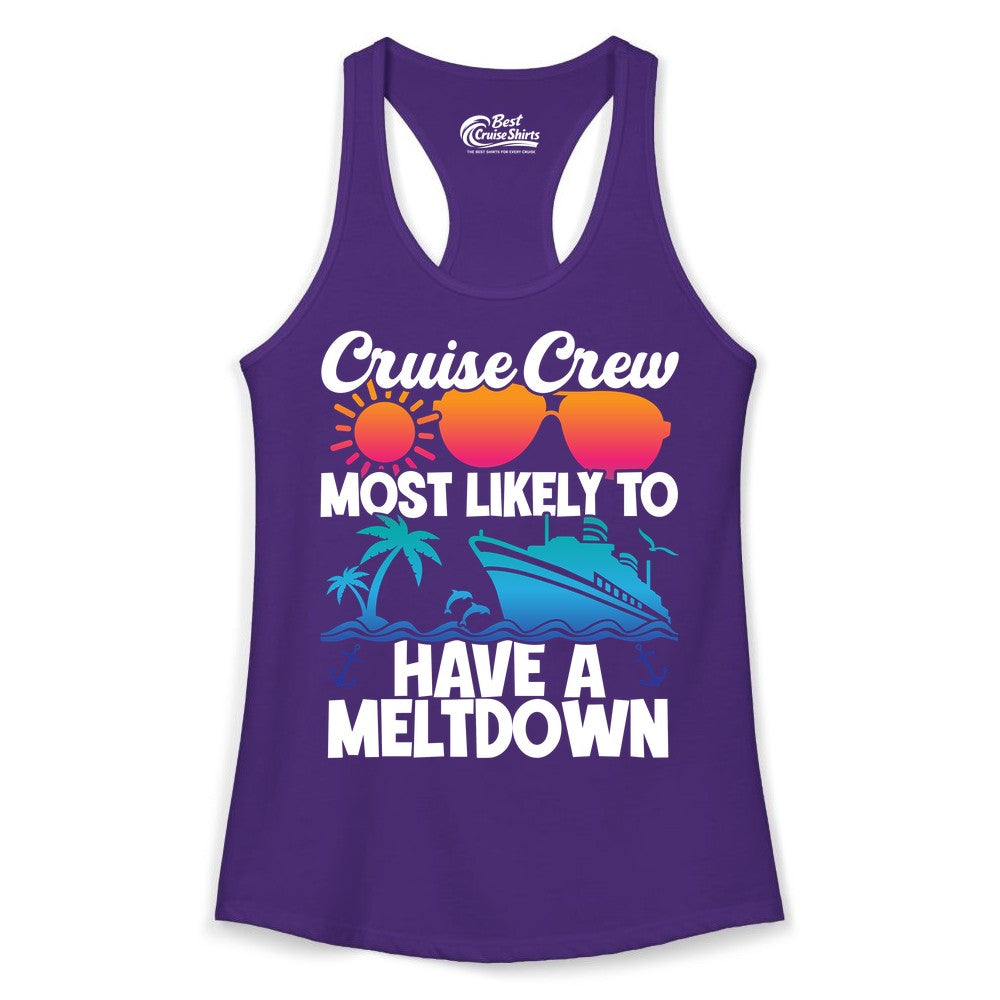 Cruise Crew Shirt - Funny Cruise Meltdown Apparel for Vacations (Ladies Tank) in Solid Purple Rush - Cruise Crew Meltdown Shirt - Funny Tropical Sunset Ship Design
