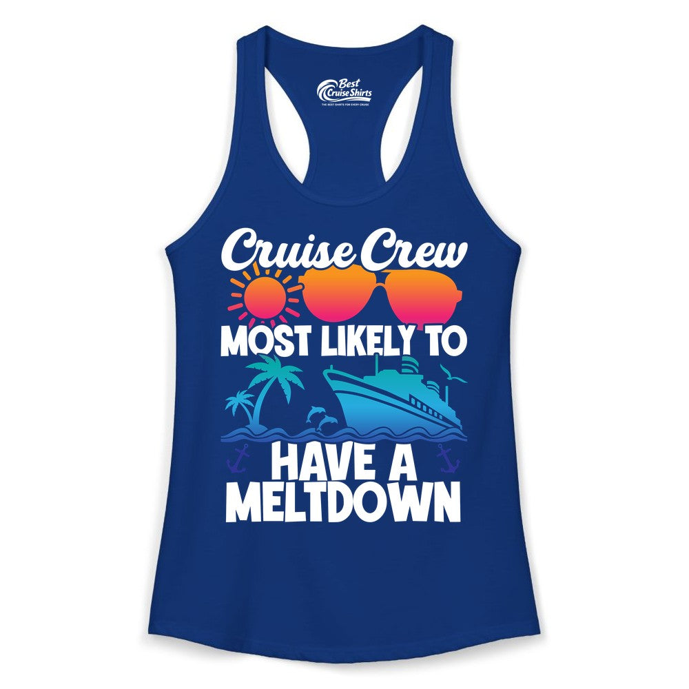 Cruise Crew Shirt - Funny Cruise Meltdown Apparel for Vacations (Ladies Tank) in Solid Royal - Cruise Crew Meltdown Shirt - Funny Tropical Sunset Ship Design