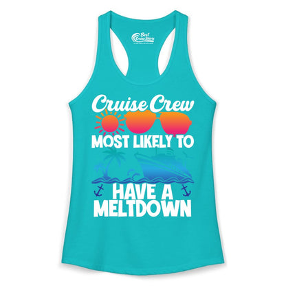 Cruise Crew Shirt - Funny Cruise Meltdown Apparel for Vacations (Ladies Tank) in Tahiti Blue - Cruise Crew Meltdown Shirt - Funny Tropical Sunset Ship Design