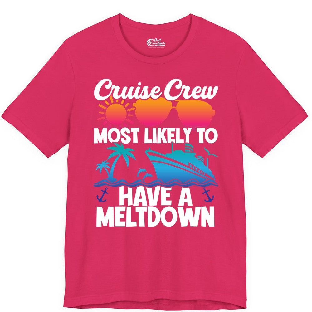 Cruise Crew Shirt - Funny Cruise Meltdown Apparel for Vacations (Premium Tee) in Fuchsia - Cruise Crew Meltdown Shirt - Funny Tropical Sunset Ship Design